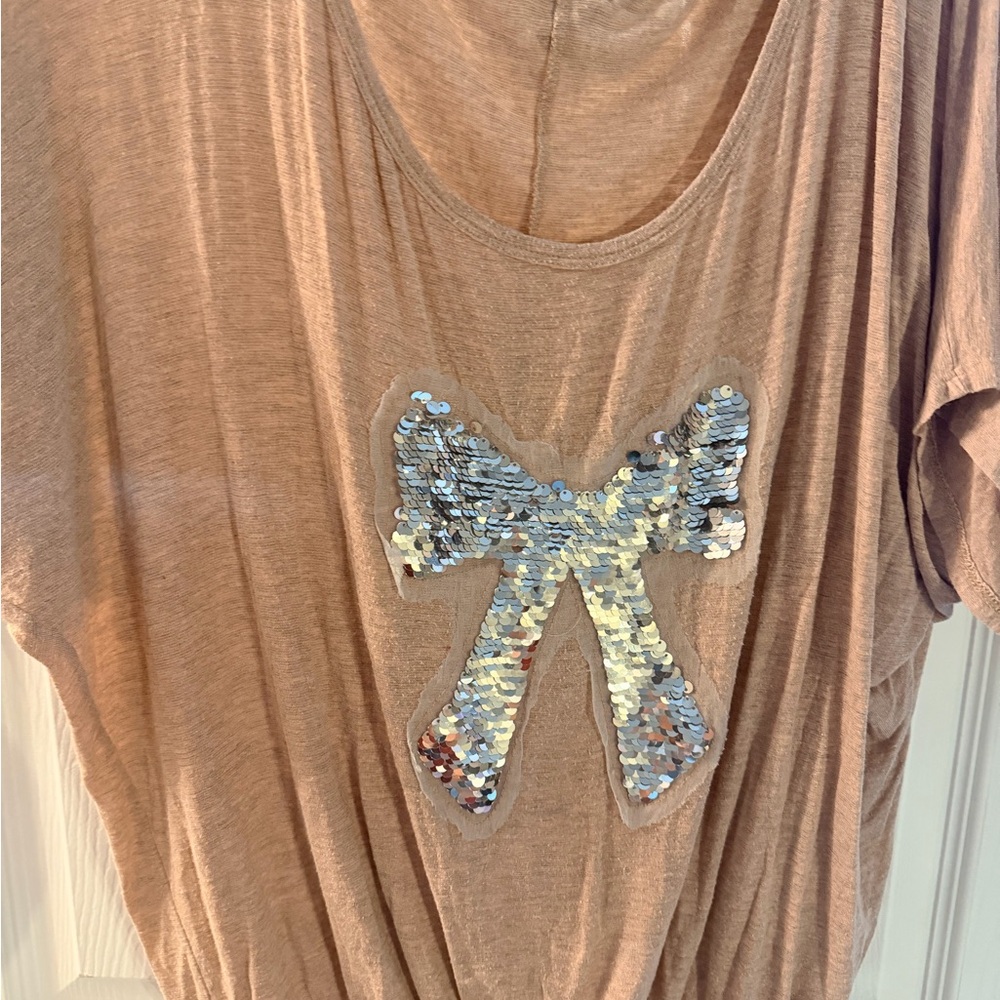 Blush Pink Sequin Bow Top Sleeve Soft Stretchy Casual
